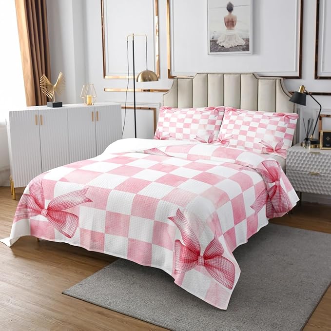 Pink Bowknot Kids Bedspread King Size,Geometric Grid Checkered Patchwork Fashion Coverlet Set,Girls Women Room Decor,Bow Tie Knot Princess Quilted Coverlet,Chic Unique Bedding Quilt,2 Pillowcases