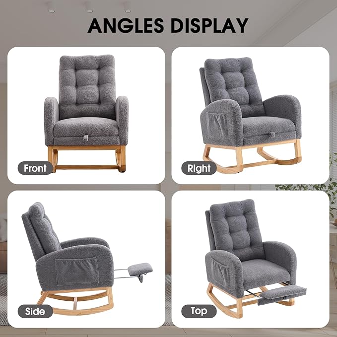 NIOIIKIT Nursery Rocking Chair, Linen Upholstered Glider Chair with Footrest, Tufted Rocker Recliner with Side Pocket, Comfy Recliner Glider, Accent Chair for Living Room (Grey Teddy)