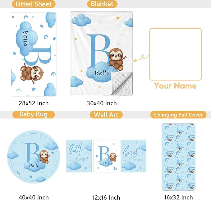 Personalized Baby Bedding Set, 5 Pcs Custom Baby Crib Sets with Name, Toddler Bedding Set for Baby Girls Boys, Blue Sloth Double Layer Nursery Bedding Set, Customized Gifts for Infants Kids