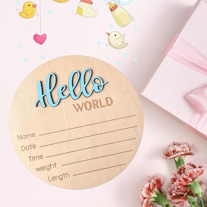 Baby Announcement Sign, 5.9 Inch Wooden Hello World Newborn Signs, Birth Announcement Sign, Baby Shower Hospital Nursery for Newborn Boys and Girls (Sky blue)
