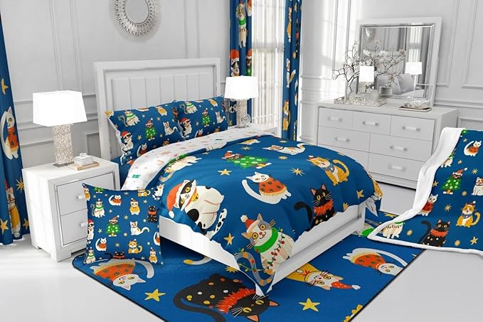 Erosebridal Merry Christmas Kids Cartoon Bedding Set Toddler Size Cute Cat Comforter Set Xmas Tree Quilts for Teens Boys Girls Room Decor,Kawaii Animals Duvet Insert,Blue