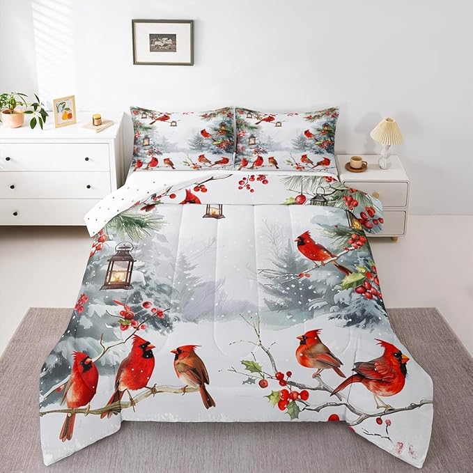 jejeloiu Kids Red Cardinal Comforter Set King Size Christmas Theme Bedding Set for Boys Girls Teens Xmas Birds Winter Country Woodland Animal Duvet Quilt Room Decor
