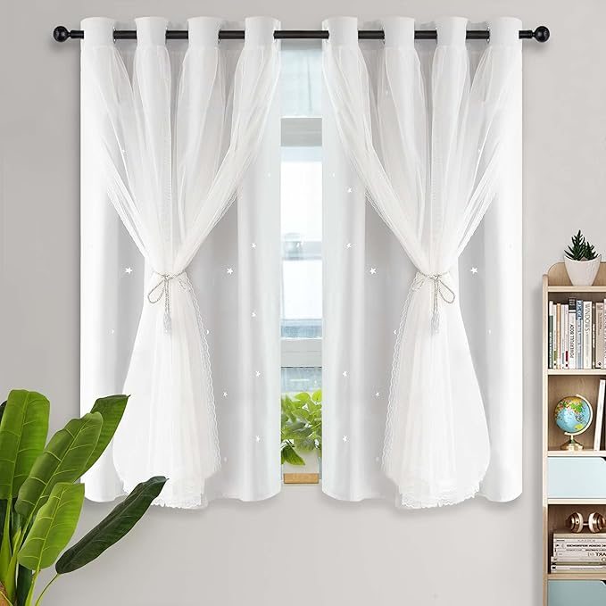Kinryb Star Cutout Curtains for Girl Bedroom/Living Room/Classroom,2 Free Tiebacks Sheer Overlay 63 Inches 2 Panel Set, Double Layer Curtains for Kids Room(W52 x L63 Inches,Greyish White 2 Pcs)