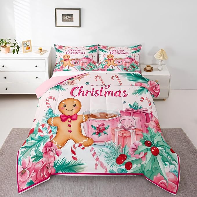 Feelyou Gingerbread Man Kids Comforter Set King Size Merry Christmas Bedding Set Christmas Decor Duvet Quilt for Kids Boys Girls Bedroom Xmas Decor Microfiber Ultra Soft Breathable