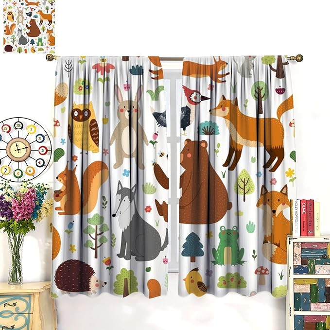 Kids Safari Animals Curtains, Baby Boy Girl Rustic Woodland Printed Cartoon Forest Window Treatments for Bedroom Living Room Nursery 2 Panels Sets, 84x84 Inch
