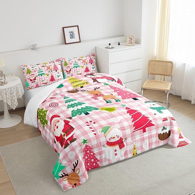 Cartoon Christmas Kids Comforter Set Toddler Size,Kawaii Xmas Cute Deer Bear Animals Bedding Set for Girls,Colorful Santa Claus Snowman Pine Trees Pink Checkered Quilted Set with 1 Pillowcase