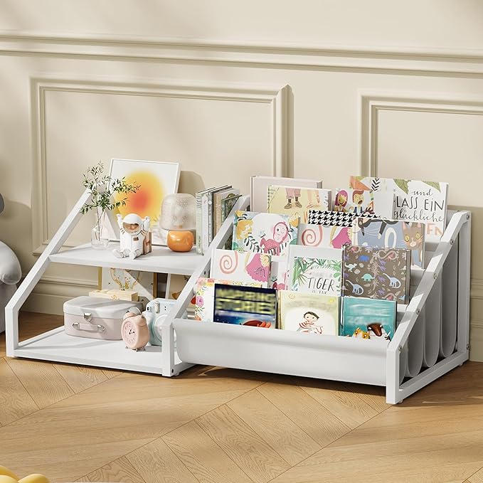 Kids Bookshelf, Book Shelf for Kids Rooms, Toddler Bookshelf with 2 Open Shelves and 4-Tier Sling Rack, for Kid Room, Nursery, Bedroom, Playroom, White TCW16WB