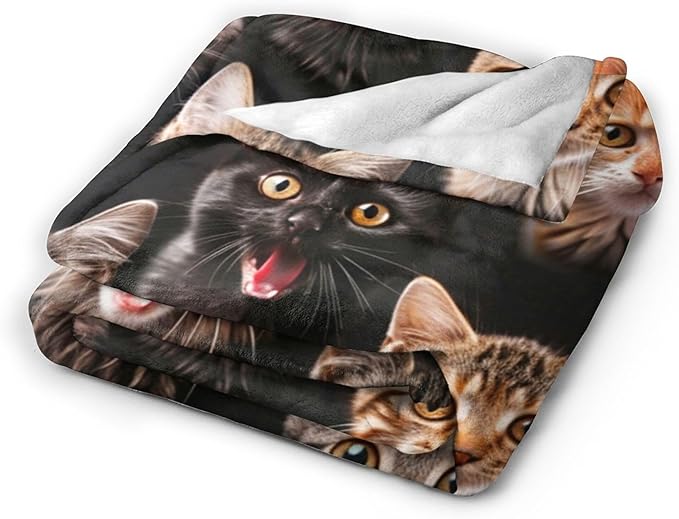 Flannel Cat Throw Blanket, 80"x60", White, Modern Style, Warm, Moisture-Wicking, Perfect for Napping, Reading, Camping, Travel