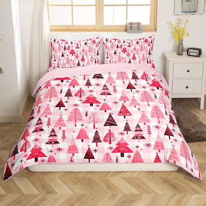Manfei Cartoon Tree Duvet Cover Set King Size, Christmas Theme Bedding Set 3pcs for Kids Girls Adults, New Year Pink Plaid Comforter Cover Soft Polyester Quilt Cover with 2 Pillowcases,No Comforter