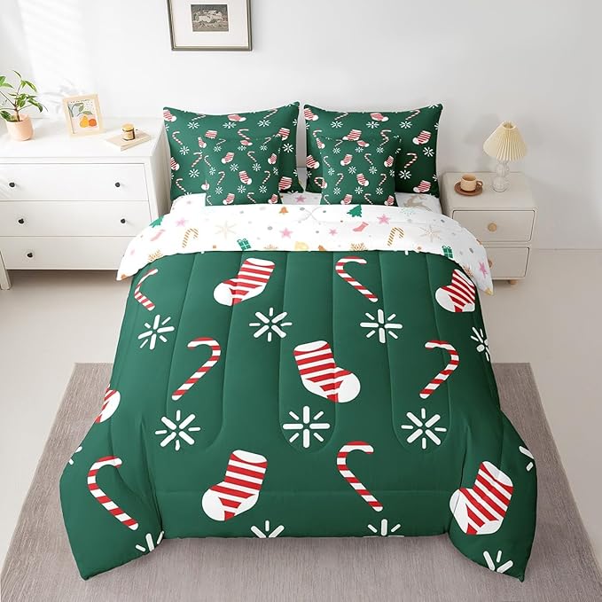 Merry Christmas Kids Bedding Set Xmas Theme Comforter Set with Sheets for Boys Girls Christmas Stockings Snowflake Decor Bed in a Bag Green Pink Xmas Theme Bed Set 7Pcs King Size