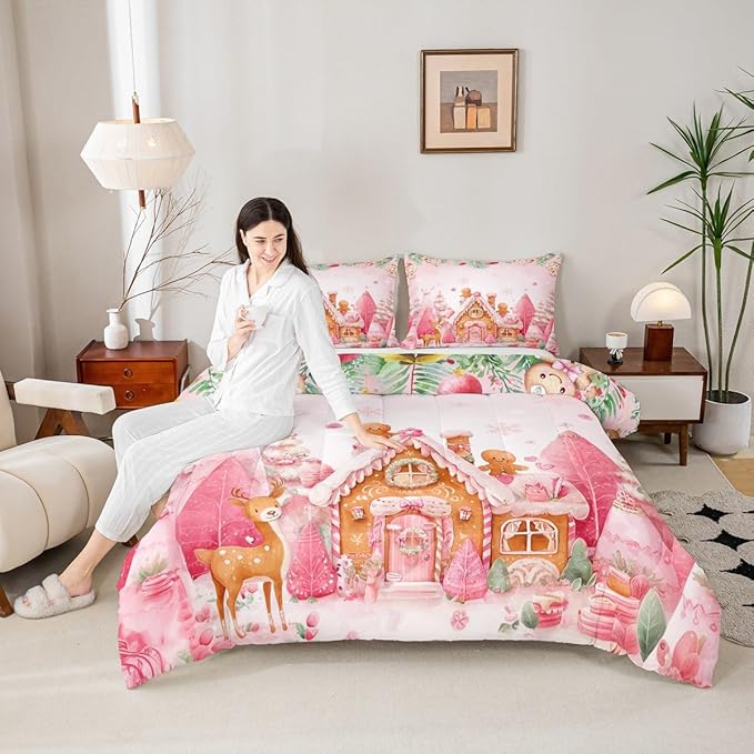 jejeloiu Kids Christmas Theme Comforter Set Full Size Cute Deer Gingerbread Man Bedding Set for Boys Girls Teens Pink Xmas Tree Candy House Winter Snowflake Duvet Quilt Room Decor