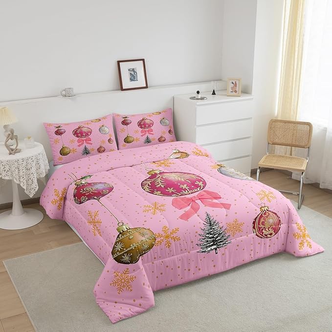 Erosebridal Merry Christmas Full Bedding Sets Xmas Tree Comforter Sets Kids Snowflake Happy New Year Down Comforter for Boys Girls Pink Bownot Decor Bed Set