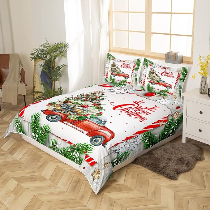 Christmas Kids Bedding Set Christmas Tree Racing Car Duvet Cover for Boys Children Teens Bedroom Decor Snowflake Xmas Theme Comforter Cover Set New Year Bedspread Cover Full Size with 2 Pillow Case