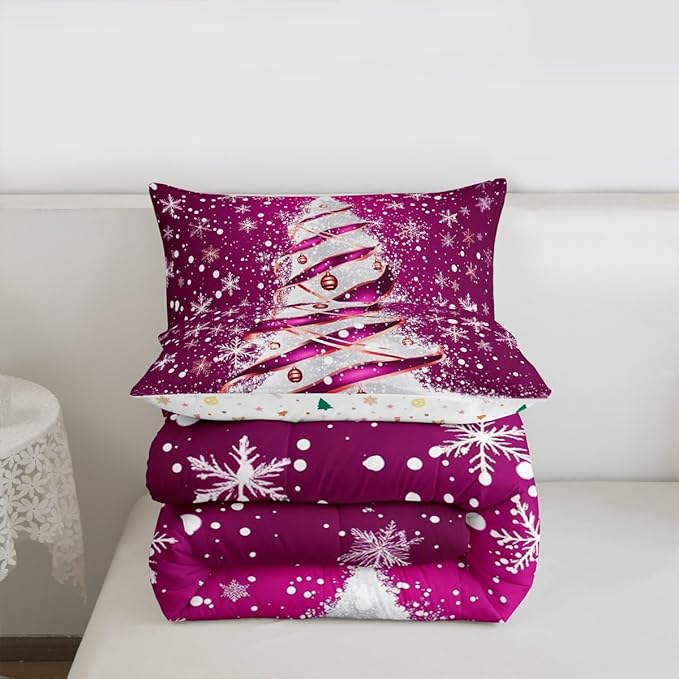 Feelyou Merry Christmas Bedding Set Soft for Boys Girls, Christmas Tree Comforter Set Twin Size Snowflake Duvet Quilt Microfiber Winter Bedroom Decor 2 Pcs with 1 Pillow Cases