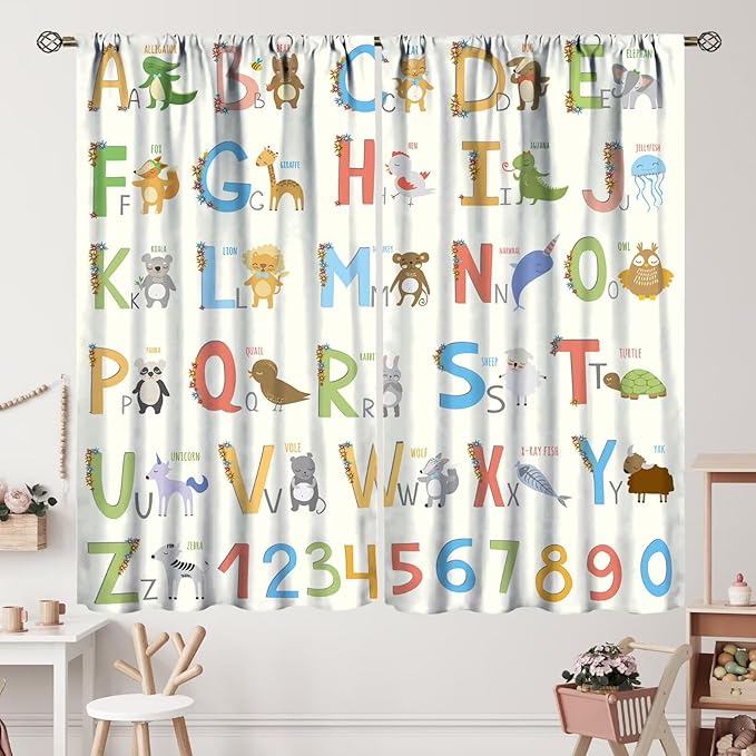 Kids Alphabet Curtains Funny Letter Education Cute Cartoon Animal Printed Curtain with Rod Pocket for Bedroom Living Room Home Decor Drapes Window Treatments 2 Panels Set 55" W X 63" L