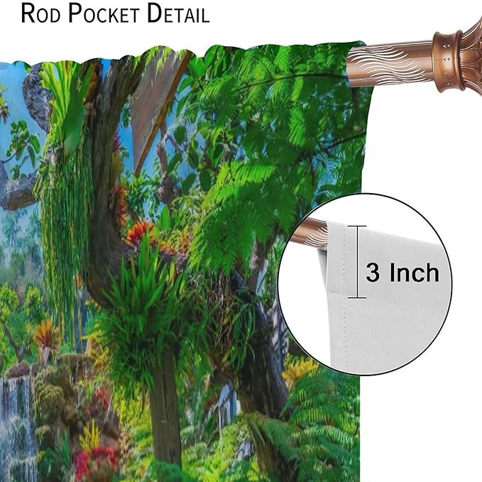 Waterfall Blackout Window Curtains, Spring Forest Nature Landscape Theme Pattern Print Window Drapes, for Living Room Bedroom 42x63in 2 Panels