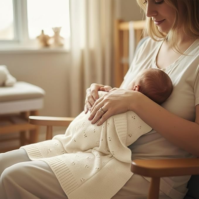Baby Knit Blanket, 100% Cotton Eyelet Patterns, Soft, Cozy, Lightweight Swaddle for Newborn & Infant Swaddling Beige Neutral, Perfect Baby Shower Ideas Cream 30x40