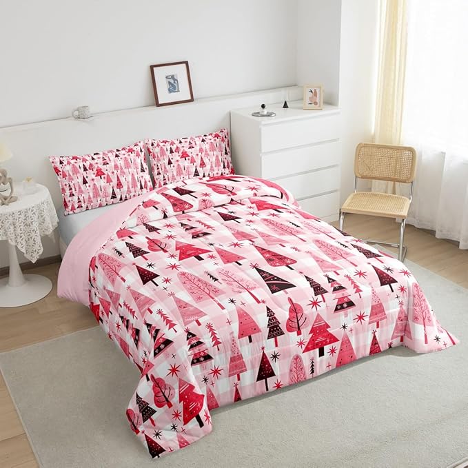 Manfei Cartoon Tree Comforter Set Full Size, Christmas Theme Bedding Set 3pcs for Kids Girls Adults Bedroom Decor, New Year Pink Plaid Down Comforter Soft Polyester Quilt Set with 2 Pillowcases