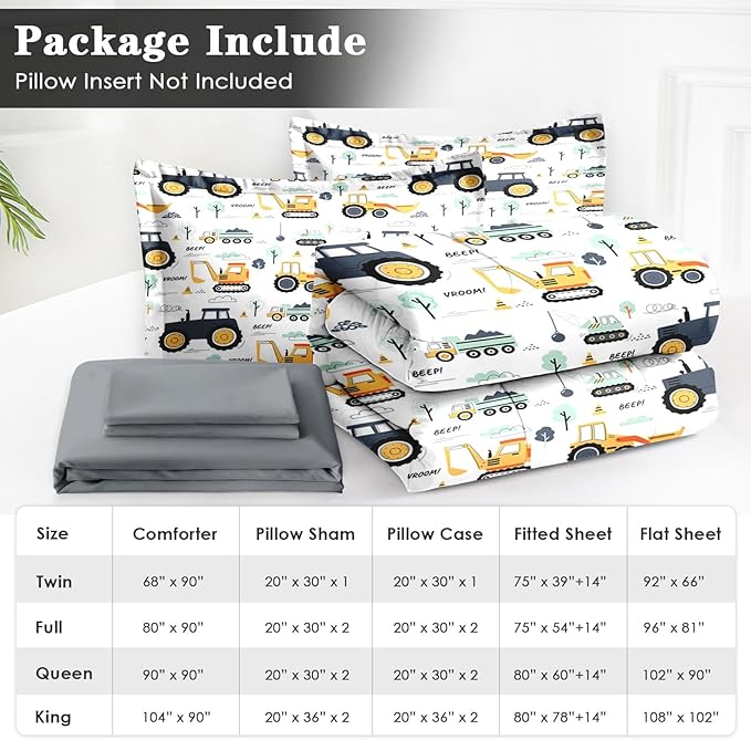 7 Pcs King Size Comforter Set with 2 Pillowcases & 2 Shams, Tractor Bedding for Kids and Adults, Construction Truck Bedding Set with Flat & Fitted Sheet