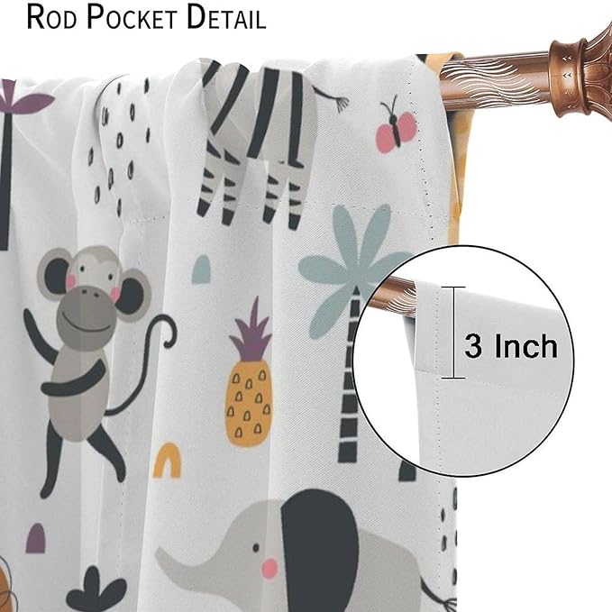 Cute Cartoon Animals Curtains Tropical Jungle Animals Elephant Giraffe Monkey Lion Modern Abstract Aesthetics for Kids Boys Bedroom Nursery Rod Pocket Decoration Window Drapes 2 Panels W42xL84in