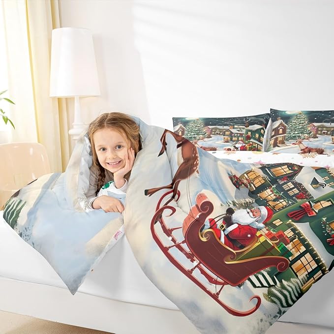 Feelyou Christmas Kids Comforter Set King Size Santa Claus Bedding Set Reindeer Sled Duvet Quilt for Kids Boys Girls Bedroom Xmas Tree Decor Microfiber Ultra Soft Breathable
