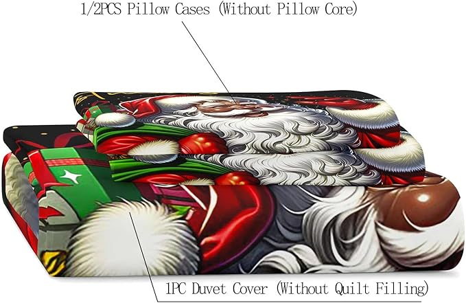 LUVIVIHOME 3PCS Black Santa Claus Duvet Cover Full Bedding Set, Christmas Bedding, Holiday Xmas Gifts Black Comforter Quilt Cover, African American Christmas Decorations, Bed in a Bag, 2 Pillow Shams