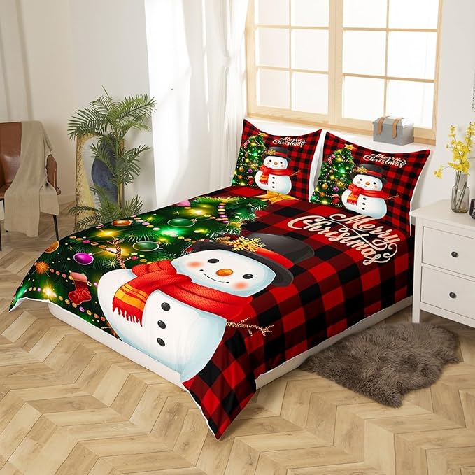 Manfei Christmas Duvet Cover Set Twin Size, Snowman Christmas Tree Comforter Cover with 1 Pillowcase, Red Plaid Grid Print Bedding Set 2pcs for Kids Boys Girls Room Decor,No Comforter