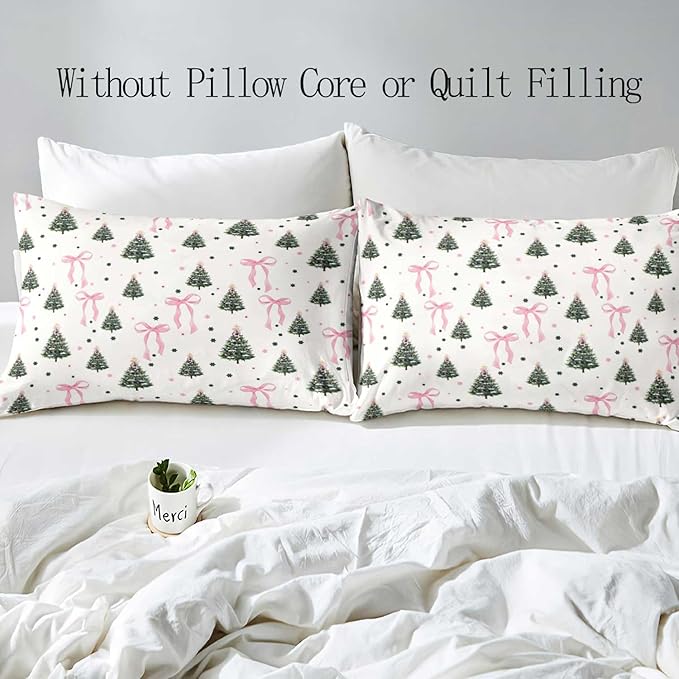 LUVIVIHOME 3PCS Pink Bow Christmas Tree Duvet Cover Full Bedding Set, White Duvet Cover, Teen Girls Bedding, Winter Holiday Christmas Comforter Cover, Coquette Room Decor Aesthetic, 2 Pillow Shams