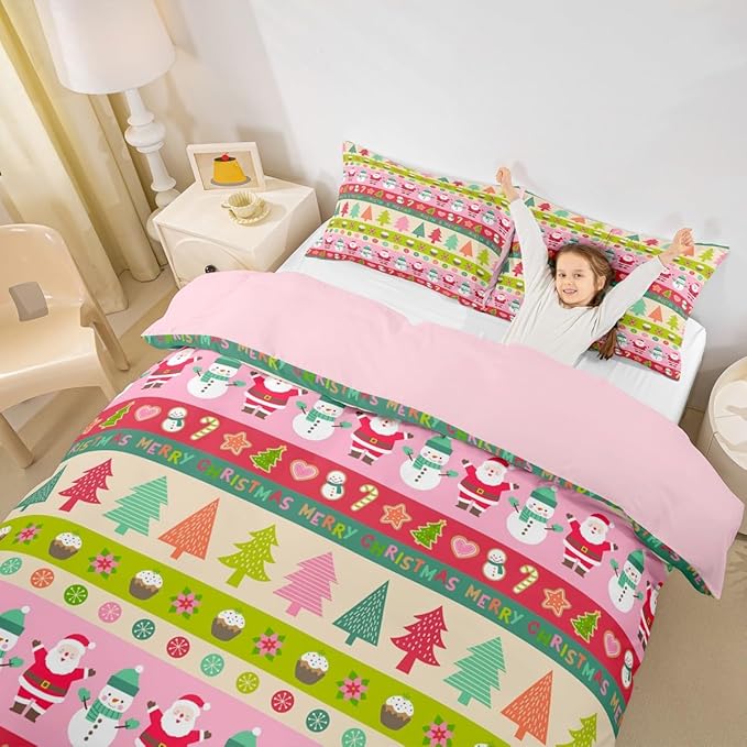 Cartoon Christmas Bedding Set for Kids Boys Girls Santa Claus Snowman Comforter Cover Set Pink Xmas Theme Duvet Cover Bedroom Decor Christmas Tree Bedspread Cover Queen Size Bedding Collection 3Pcs
