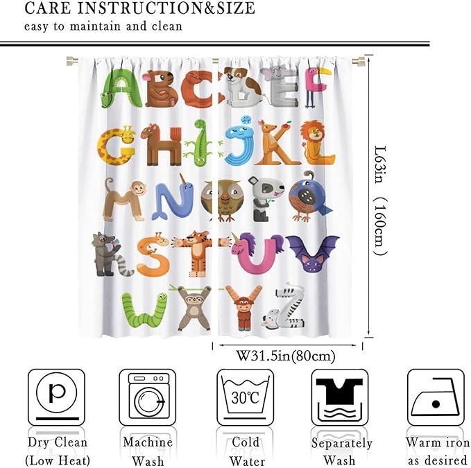 Kids Alphabet Curtains Cartoon Animal Baby Children Funny Learning Educational Curtain with Rod Pocket for Bedroom Nursery Decor Drapes Window Treatments 2 Panels Set 63x63in