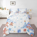 jejeloiu Kids Christmas Theme Comforter Set King Size Blue Xmas Gingerbread Man Bedding Set for Boys Girls Teens Candy House Snowflake Winter Happy New Year Duvet Quilt Room Decor