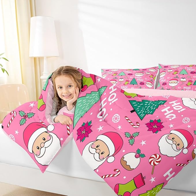 Feelyou Pink Merry Christmas Comforter Set All Season Santa Claus Bedding Set with 2 Pillow Cases Xmas Microfiber Kids Queen Bedclothes Happy New Year Bedroom Decor Duvet Quilt Soft Lightweight