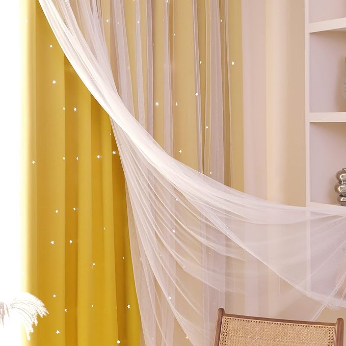 Kinryb Kids Blackout Curtains for Bedroom/Living Room/Classroom, Sheer Overlay Extra Long 2 Panel Set, Double Layer Curtains with Star Cutout for Kids Room(W 52 x L 108 Inches,Yellow 2 Pcs)