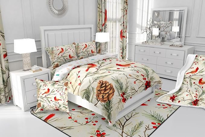 Feelyou Cardinal Bird Kids Comforter Set King Size Pine Branch Bedding Set Red Berry Duvet Quilt for Kids Boys Girls Bedroom Pine Cone Decor Winter Christmas Pattern Microfiber Ultra Soft Breathable