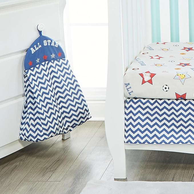 EVERYDAY KIDS 4 Piece Boys Crib Bedding Set - Jungle Sports - Soft 100% Cotton Percale - Includes Quilt, Fitted Sheet, Dust Ruffle and Diaper Stacker - Nursery Bedding Set - Baby Crib Bedding Set