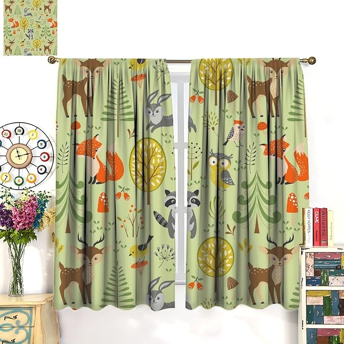 Cute Animals Curtains, Fox Bear Cartoon Wild Animals Blackout Window Treatments, Rod Pocket Thermal Insulated Drapes 2 Panel Sets for Kids Bedroom Nursery Classroom, 84" W X 84" L