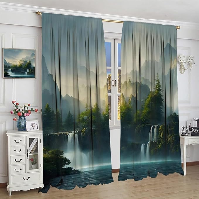 Landscape Theme Waterfall Blackout Curtains, Waterfall Mountains Jungle Printed Natural Scenery Window Drapes, for Bedroom Living Room 72" W X 63" L
