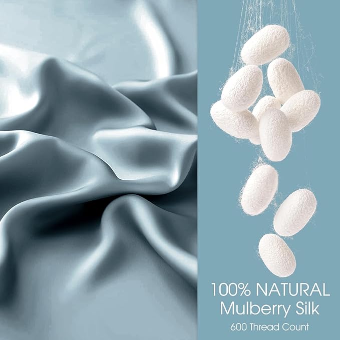 100% Silk Pillow Cases 2 Pack King Size Mulberry Silk Pillowcase for Hair and Skin Set of 2 Highest Grade 6A Silk Soft Breathable Cooling with Hidden Zipper, Grey Blue