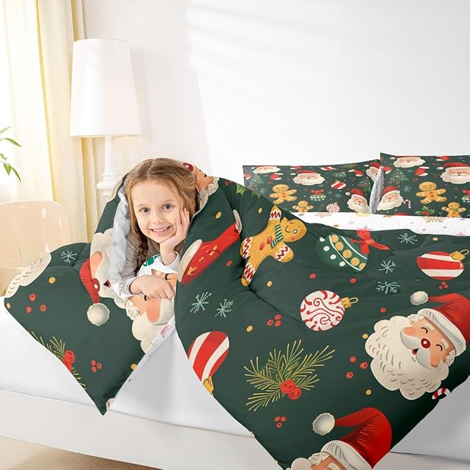 Feelyou Christmas Bedding Set Soft for Boys Girls, Santa Xmas Tree Comforter Set King Size Gingerbread Man Duvet Quilt Microfiber Snowflake Stockings Bedroom Decor 3 Pcs with 2 Pillow Cases