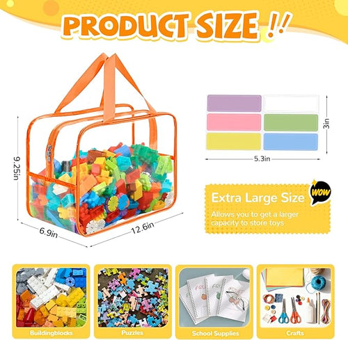 8 Packs Widen X-Large Toy Storage Bags 12.6×9.25×6.9In with Labels, Reusable Clear PVC Board Game Storage, Travel Waterproof Organizer Bags with Zipper for Building Blocks, Puzzle, Stuffed Animals