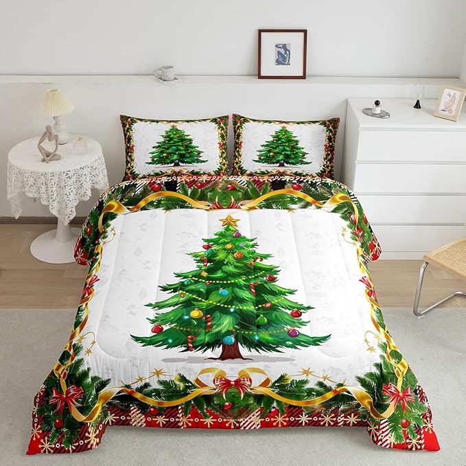 Christmas Tree Comforter Set Queen Size,Merry Christmas Bedding Set for Kids Boys Girls Room Decor,Snowflake Bowknot Green Pine Leaves Duvet Insert 3Pcs,Xmas Plaid Patchwork Quilt Set,2 Pillowcases