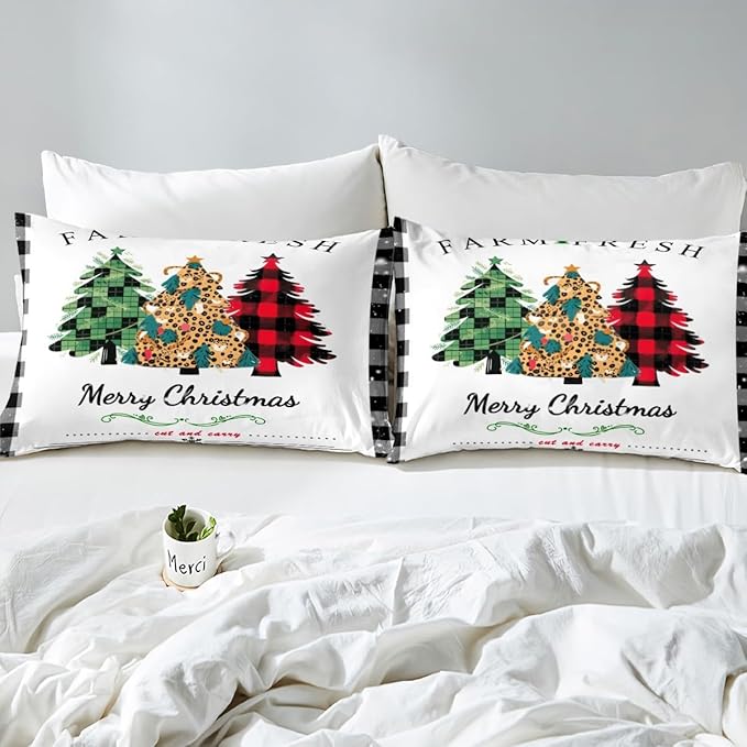 Manfei Christmas Tree Duvet Cover Set King Size, New Year Theme Comforter Cover with 2 Pillowcases, Leopard Plaid Print Xmas Bedding Set 3pcs for Kids Boys Girls Bedroom Decor,No Comforter