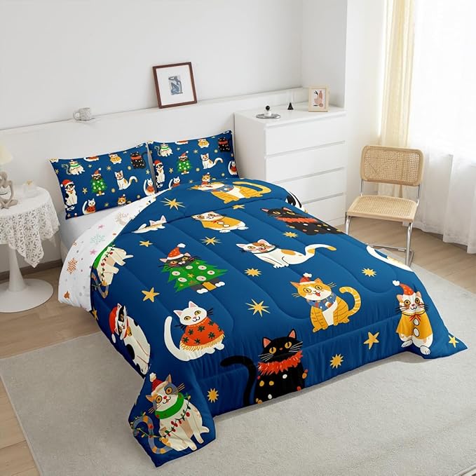 Erosebridal Merry Christmas Kids Cartoon Bedding Set Queen Size Cute Cat Comforter Set Xmas Tree Quilts for Teens Boys Girls Room Decor,Kawaii Animals Duvet Insert,Blue