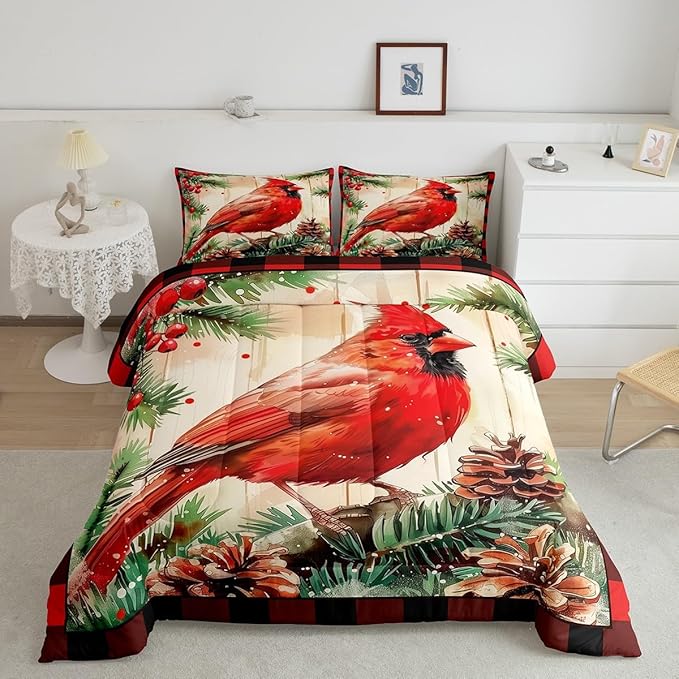 jejeloiu Kids Red Cardinal Comforter Set Full Size Christmas Red Black Plaid Bedding Set for Boys Girls Teens Xmas Birds Winter Rustic Wood Plank Animal Duvet Quilt Room Decor