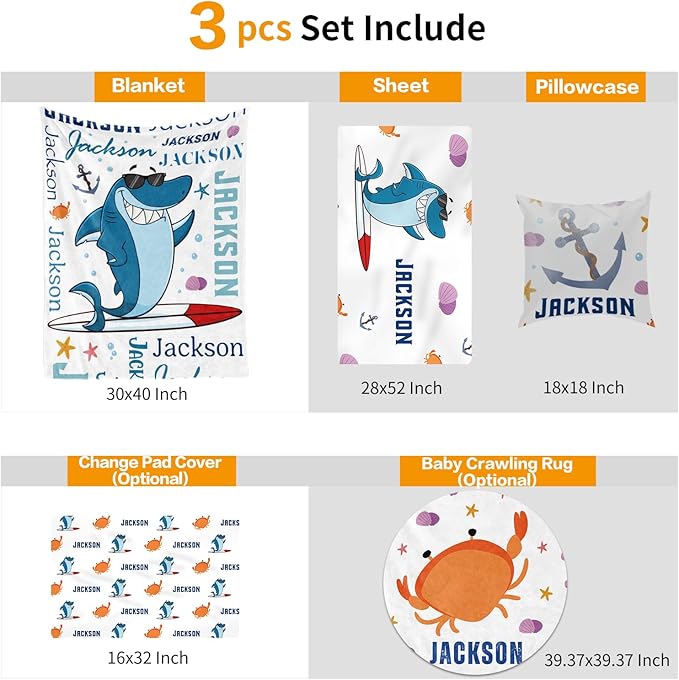 Custom Crib Bedding Set - Marine Animals Design Personalized Name Baby Nursery Bedding 3 Pcs Set - Chic Soft Blanket, Sheet, Pillowcase for Newborns Boys Girls Gifts Color19