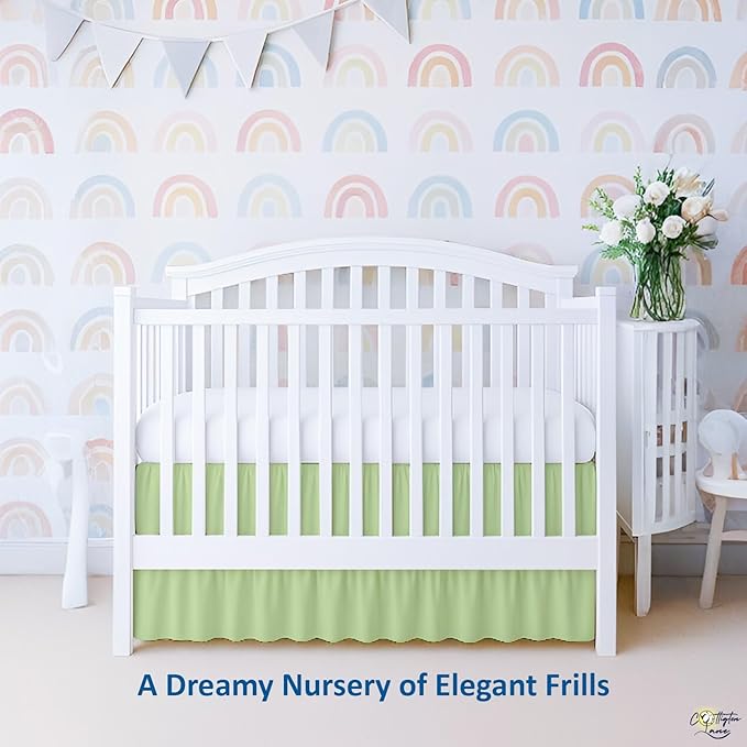 Cottington Lane Sage Infrant Crib Bed Skirt Dust Ruffle with Split Corner, 100% Natural Cotton Nursery Crib Toddler Bedding Skirt for Baby Girls or Boy, Fits Standard Cribs 28" x 52" with 14" Drop