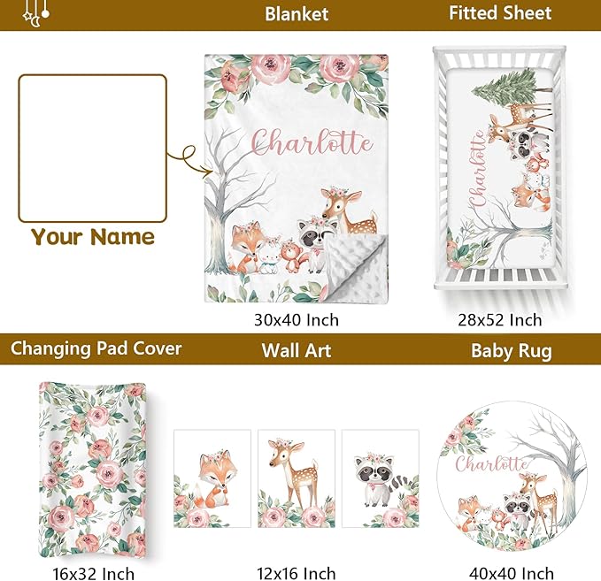 Personalized Baby Bedding Set - 5 Pcs Custom Name Bedding Crib Set for Girls Boys, Soft Toddler Crib Set for Infant Customized Gifts, Pink Forest Animals