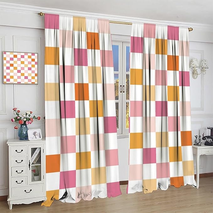 Pink Checkered Curtains,70s Vintage Twisted Checkered Window Drapes Colorful Groovy Trendy Wavy Hippie Grid Print Window Treatments for Kids Girls Bedroom Living Room 42" W X 54" L
