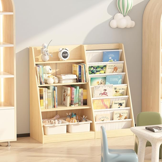 4 Tier Kids Bookshelf Baby Toddler Book Rack Children Bookcase Toy Storage Organizer with 6 Sling Adjustable Shelf for Nursery Playroom Classroom Library Bedroom Natural Wood