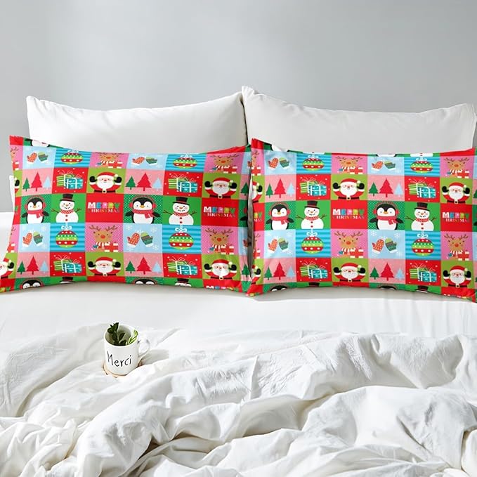 Christmas Bedding Set for Kids Boys Girls Santa Claus Christmas Tree Comforter Cover Set Colorful Geometric Grid Duvet Cover Bedroom Decor Xmas Theme Bedspread Cover Full Size Bedding Collection 3Pcs